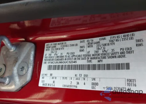 2016 Ford Escape Titanium from USA, damaged, VIN 1FMCU9J96GUC32345